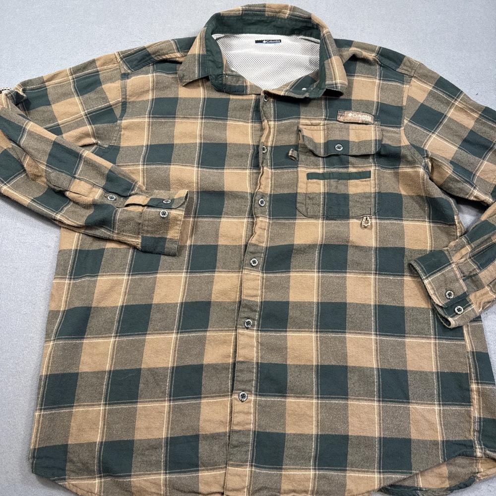 Columbia PFG Shirt XL BRN GRN Plaid Vented Long Sleeve Fishing Button Up